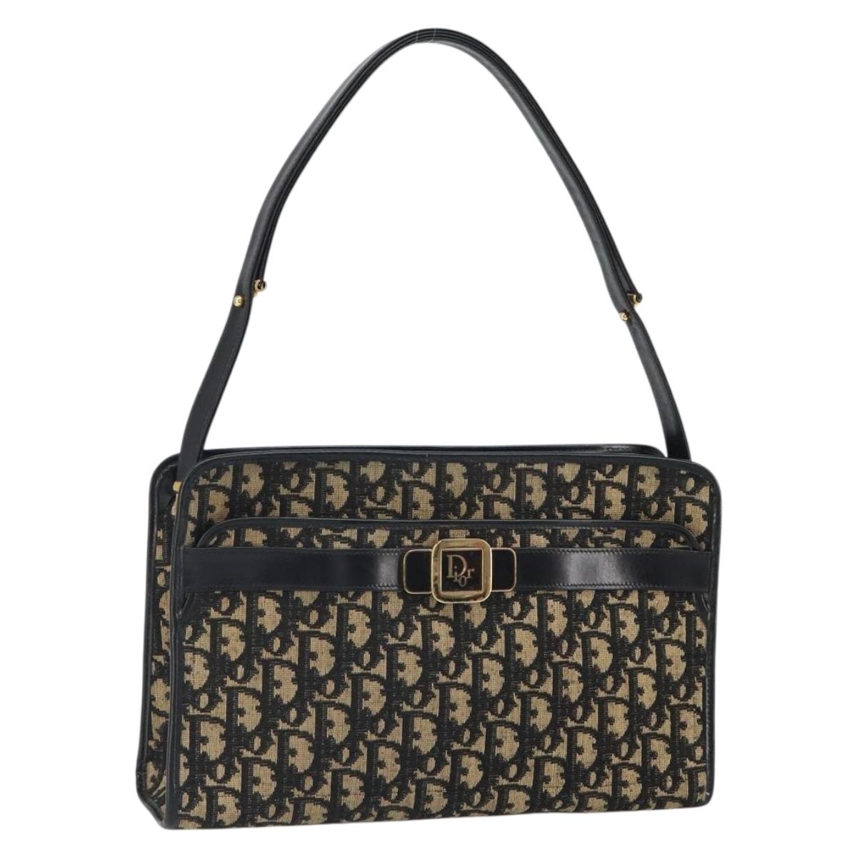 Christian Dior Trotter Canvas Shoulder Bag Navy Gold Auth 162402