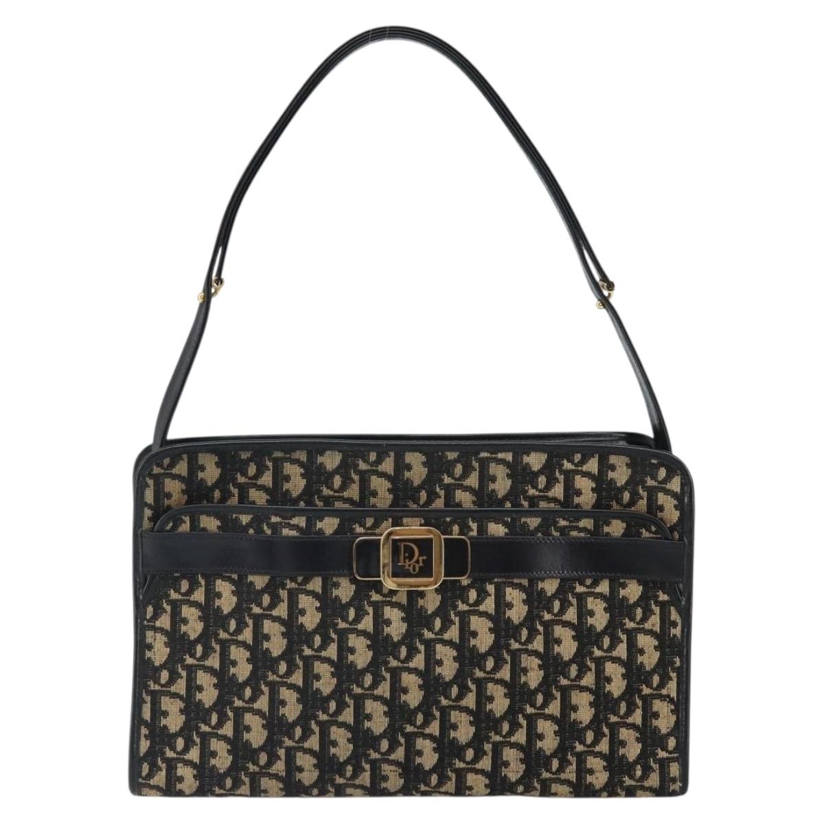 Christian Dior Trotter Canvas Shoulder Bag Navy Gold Auth 162402