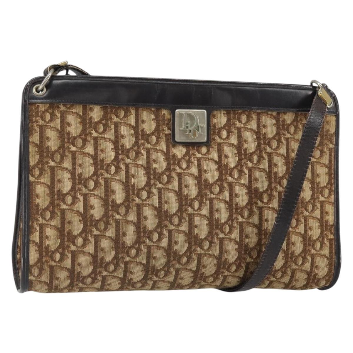 Christian Dior Trotter Canvas Shoulder Bag Brown Gold Auth 162403