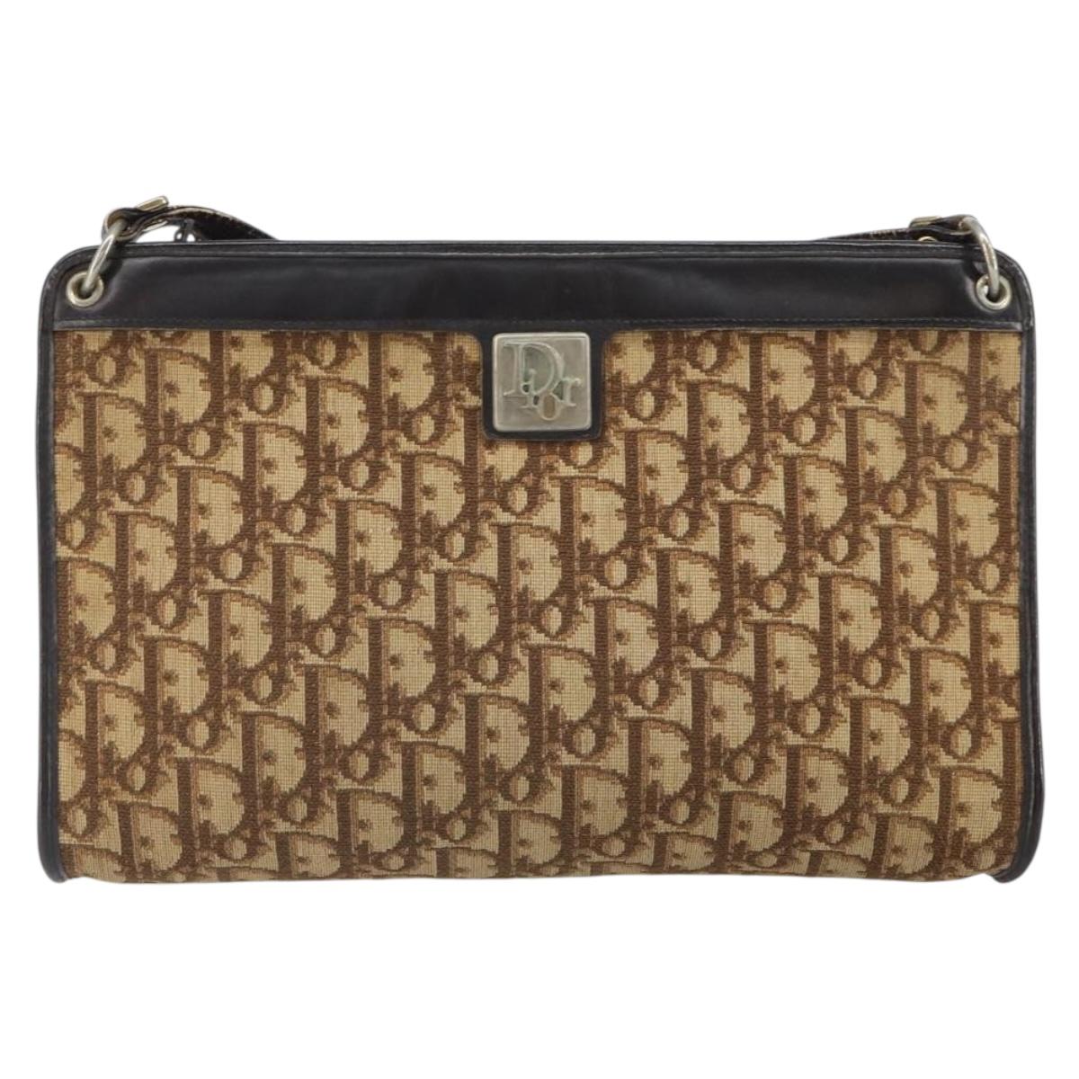 Christian Dior Trotter Canvas Shoulder Bag Brown Gold Auth 162403