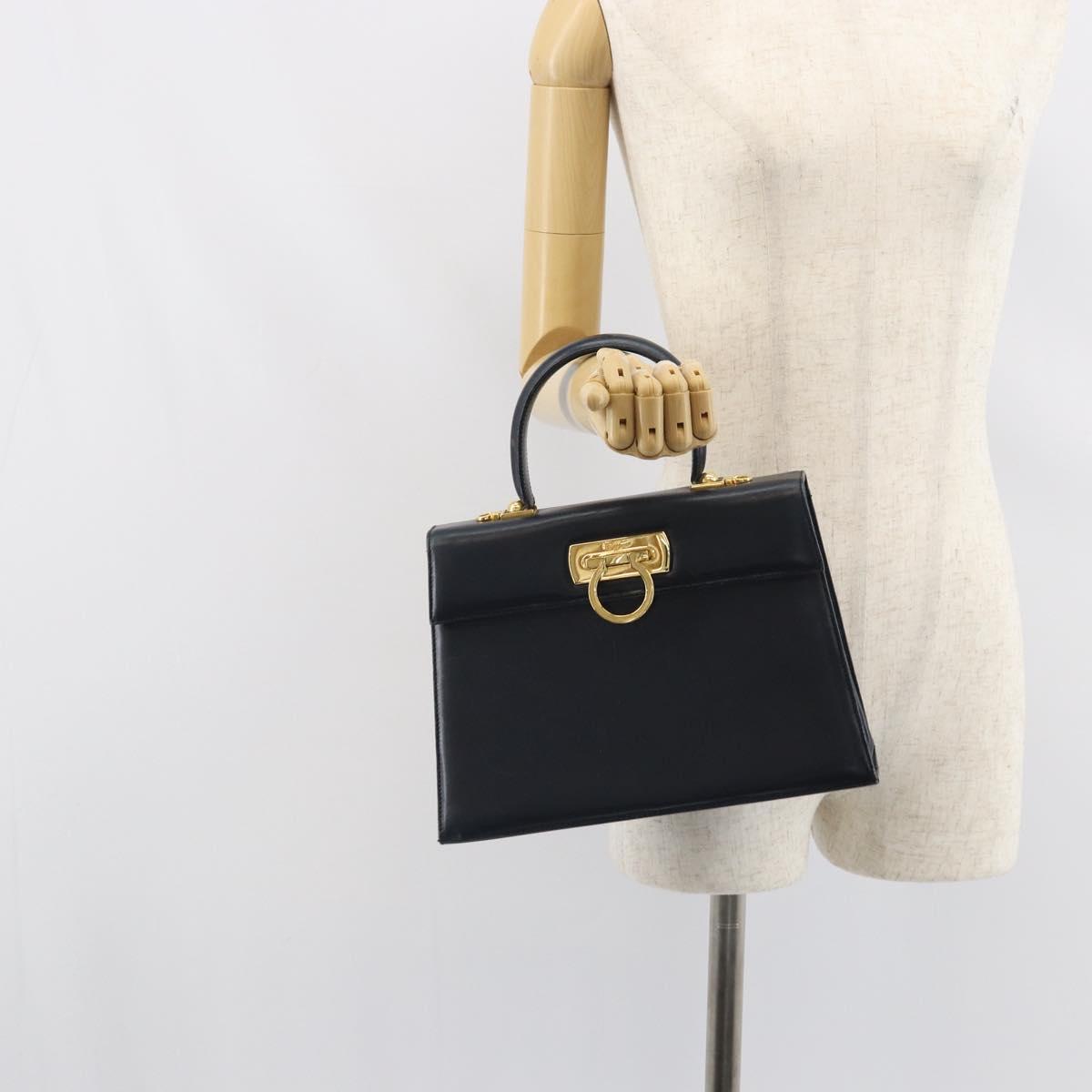 Salvatore Ferragamo Gancini Hand Bag Leather Navy Gold Auth 162408