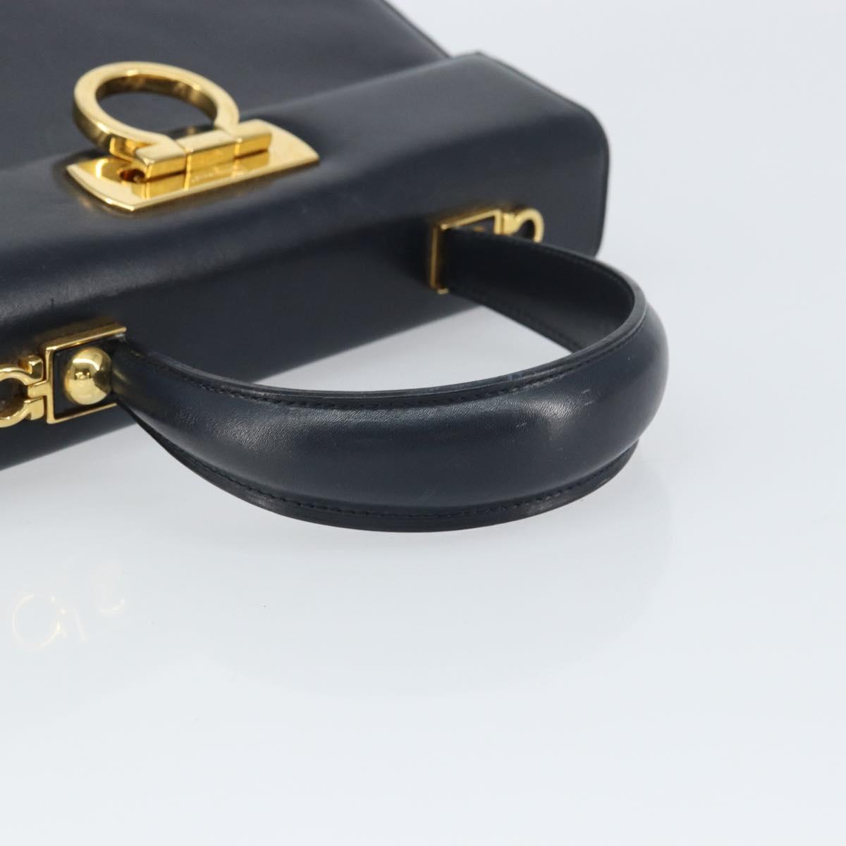 Salvatore Ferragamo Gancini Hand Bag Leather Navy Gold Auth 162408