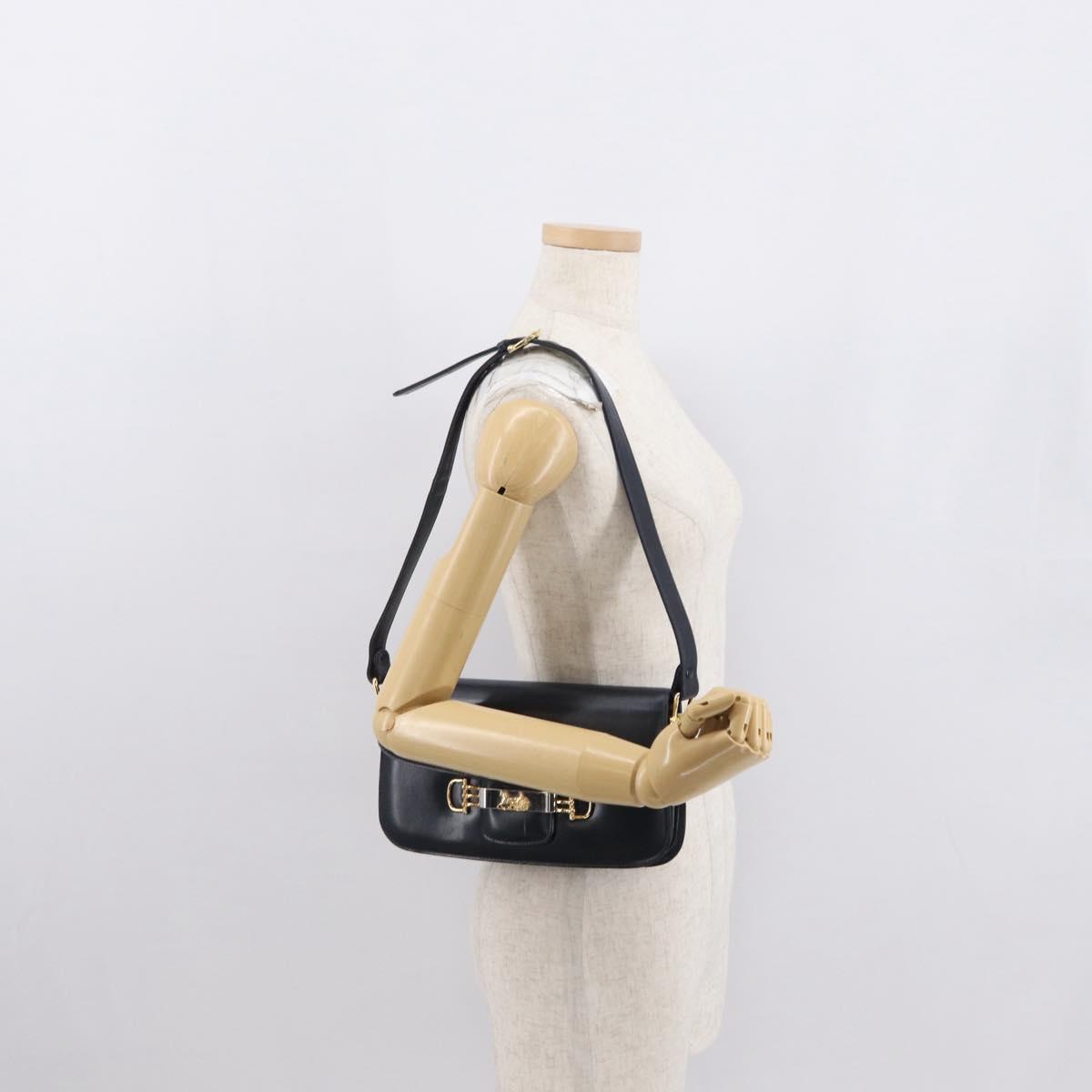 CELINE Horse Carriage Shoulder Bag Leather Navy Gold Auth 162409