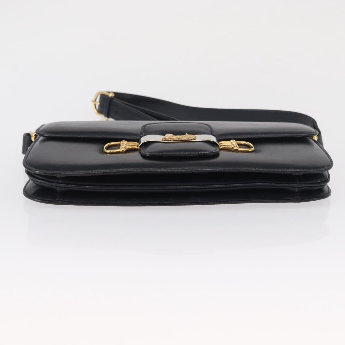 CELINE Horse Carriage Shoulder Bag Leather Navy Gold Auth 162409