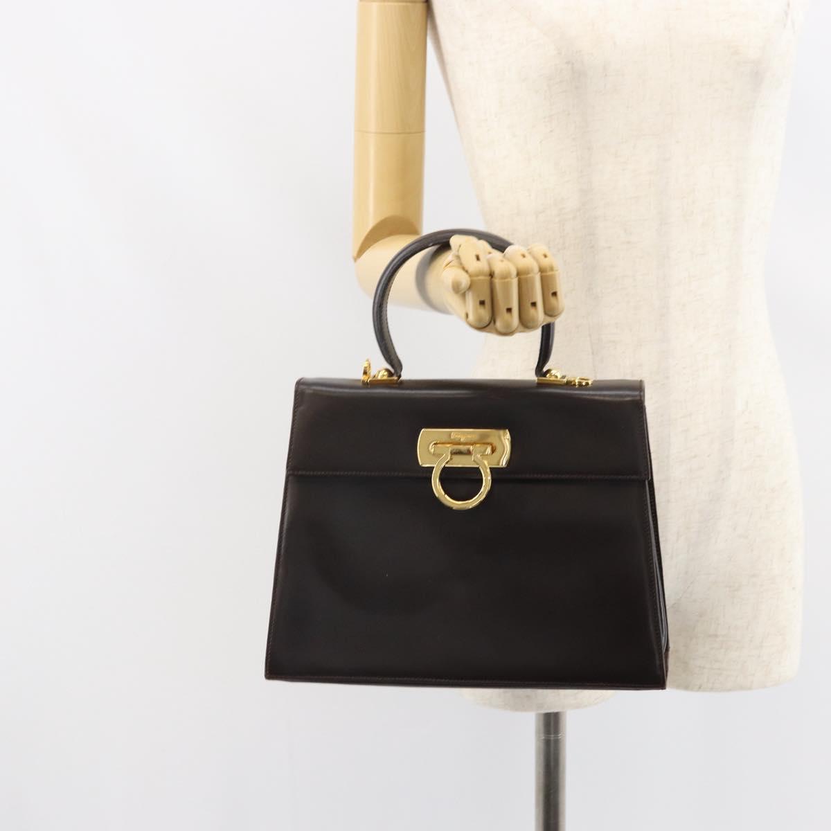 Salvatore Ferragamo Gancini Hand Bag Leather 2way Brown Gold Auth 162468