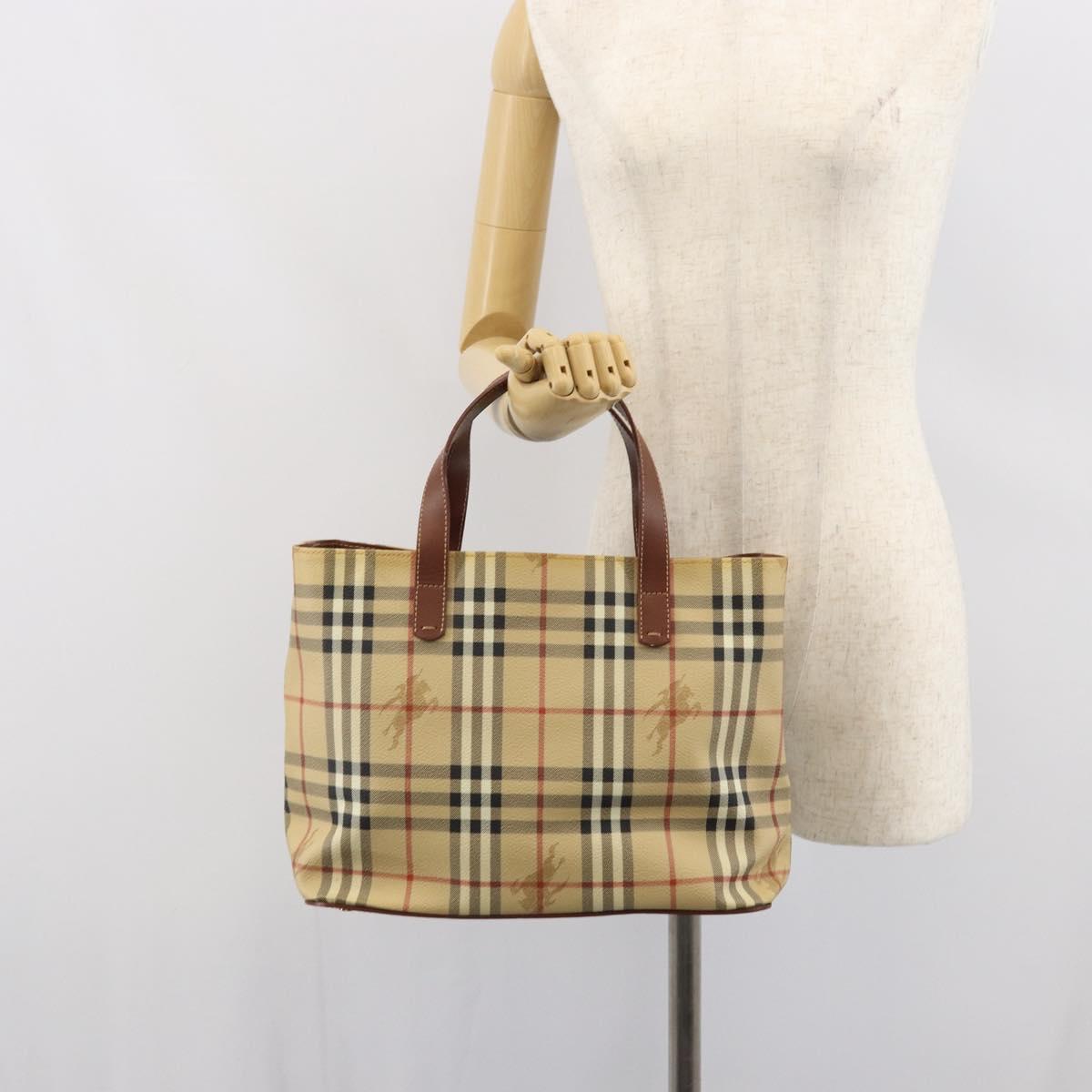 BURBERRY Nova Check Hand Bag PVC Beige Gold Auth 162530
