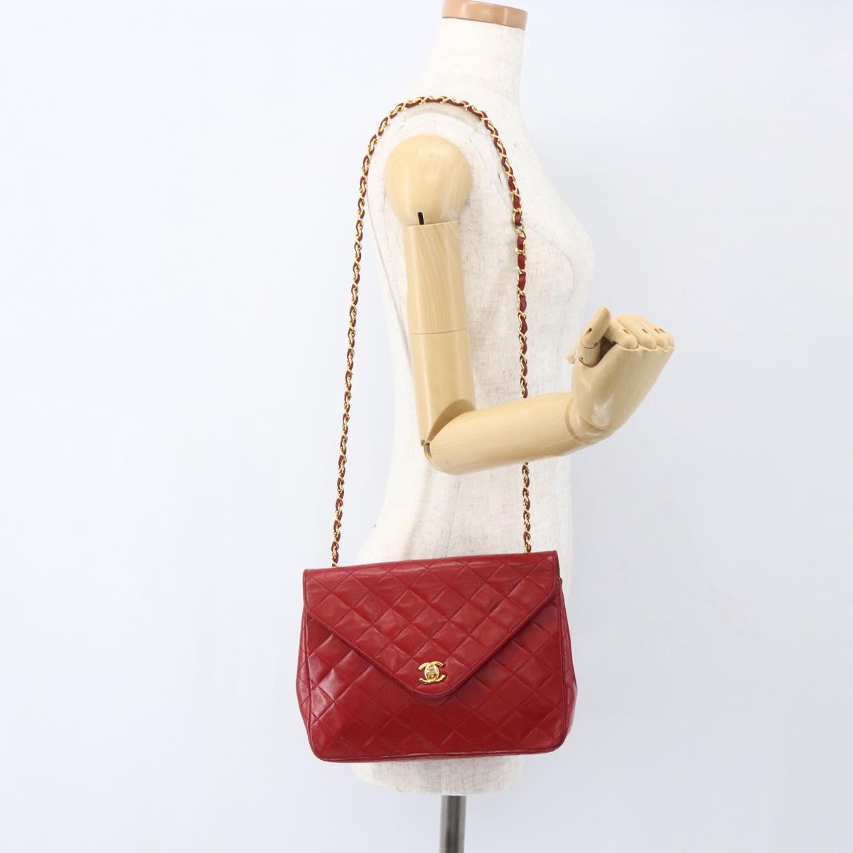 CHANEL Matelasse Chain Shoulder Bag Lamb Skin Gold Red CC Auth 162544