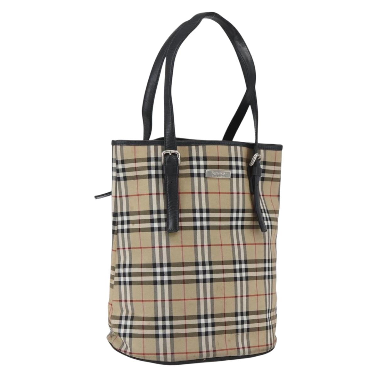 Burberrys Nova Check Blue Label Tote Bag Nylon Beige Silver Auth 162570