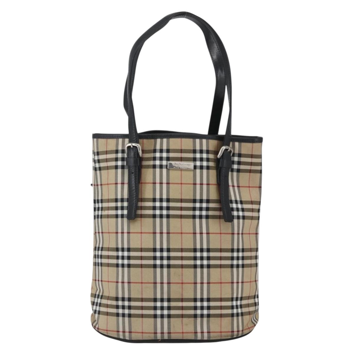Burberrys Nova Check Blue Label Tote Bag Nylon Beige Silver Auth 162570