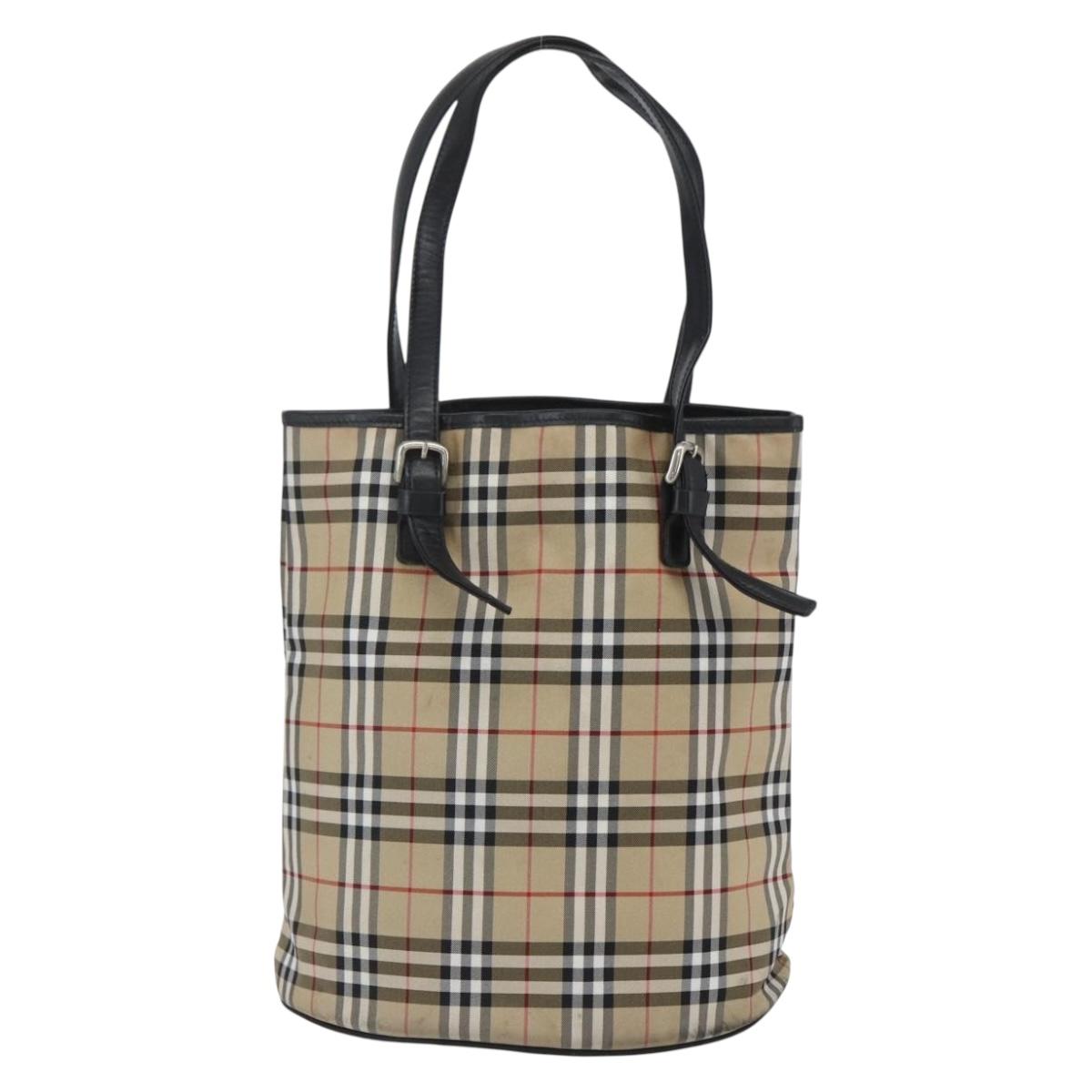 Burberrys Nova Check Blue Label Tote Bag Nylon Beige Silver Auth 162570