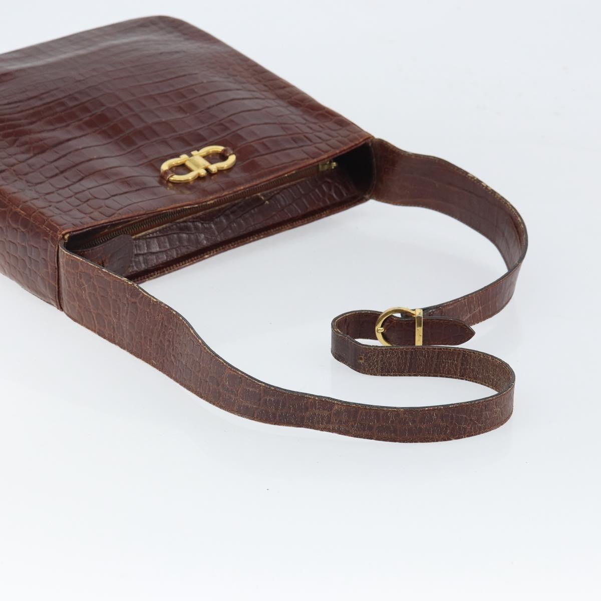 Salvatore Ferragamo Gancini Shoulder Bag Embossed leather Brown Gold Auth 162573