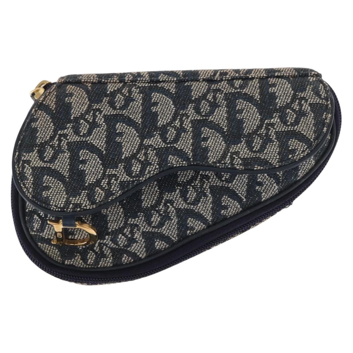 Christian Dior Trotter Canvas Saddle Pouch Navy Gold Auth 162748