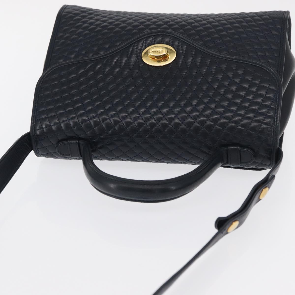 BALLY Hand Bag Leather 2way Navy Gold Auth 162765