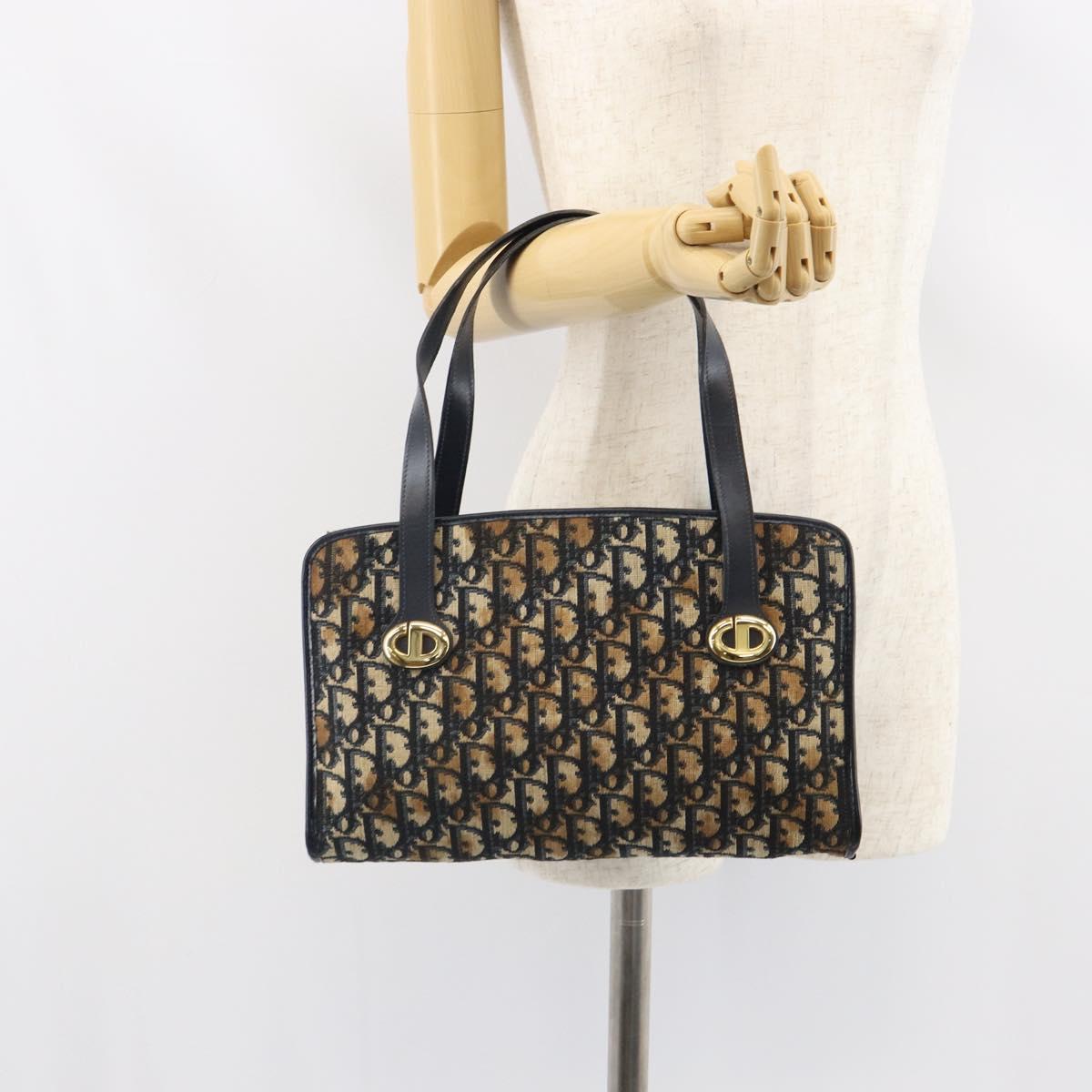 Christian Dior Trotter Canvas Hand Bag Navy Gold Auth 162766