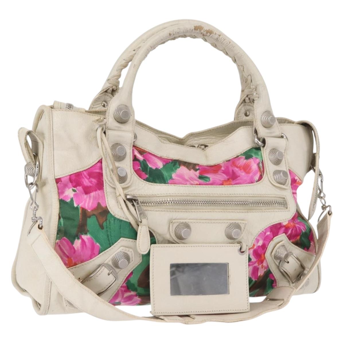 BALENCIAGA Giant City Bag Leather Nylon 2way White Silver 173084 Auth 162774