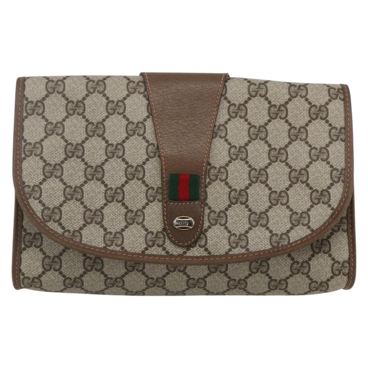 GUCCI GG Supreme Web Sherry Line Clutch Bag PVC Beige Gold 89 01 030 Auth 162811