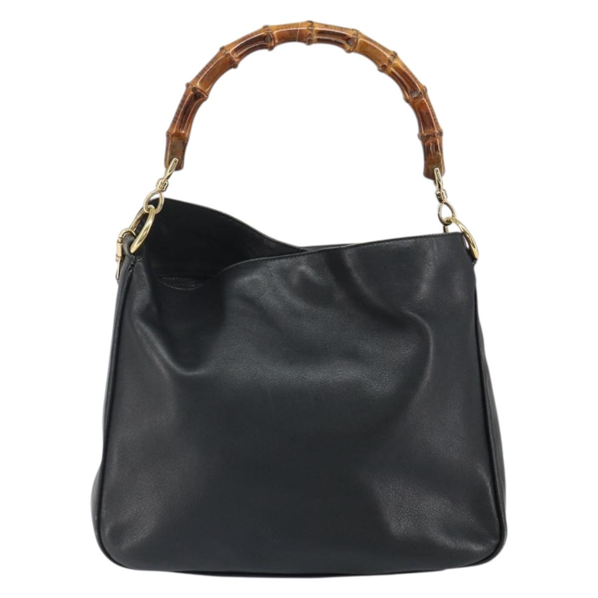 GUCCI Bamboo Hand Bag Leather Black Gold 001 0166 1638 Auth 162820