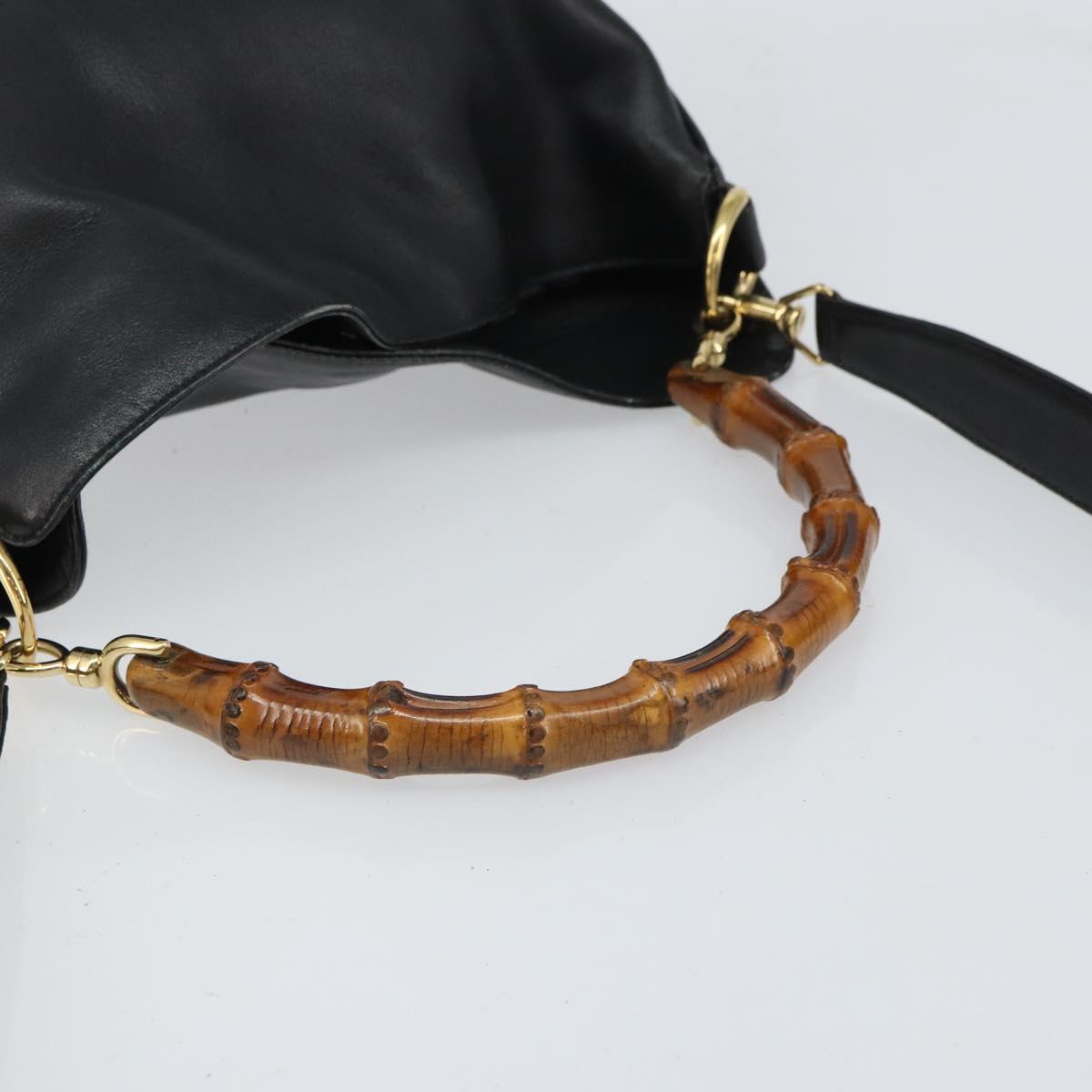 GUCCI Bamboo Hand Bag Leather Black Gold 001 0166 1638 Auth 162820