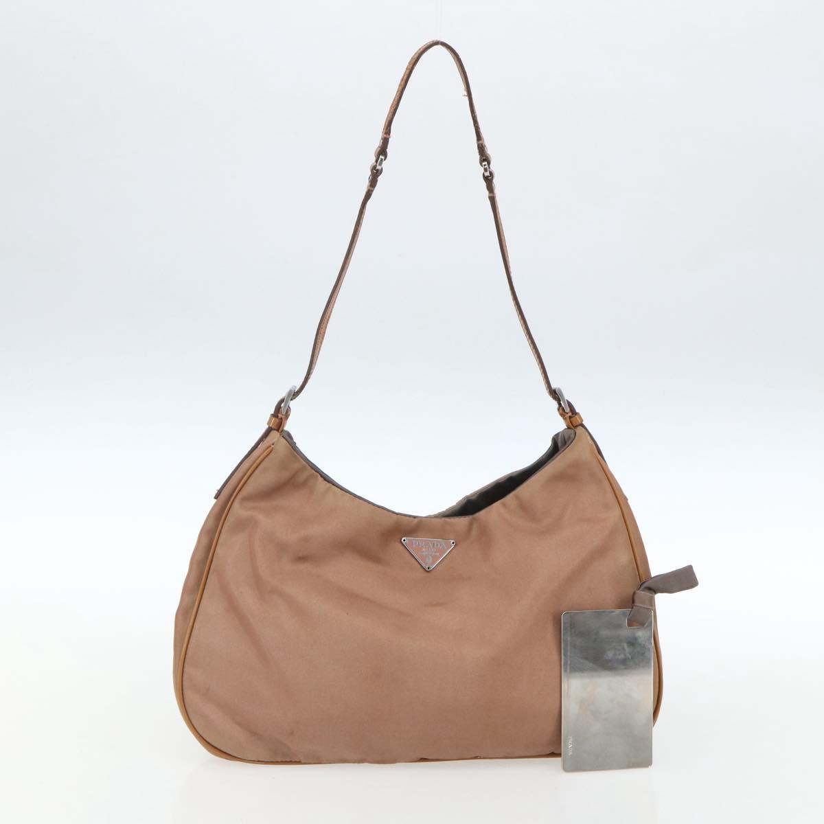 PRADA Shoulder Bag Nylon Beige Gold Auth 162843