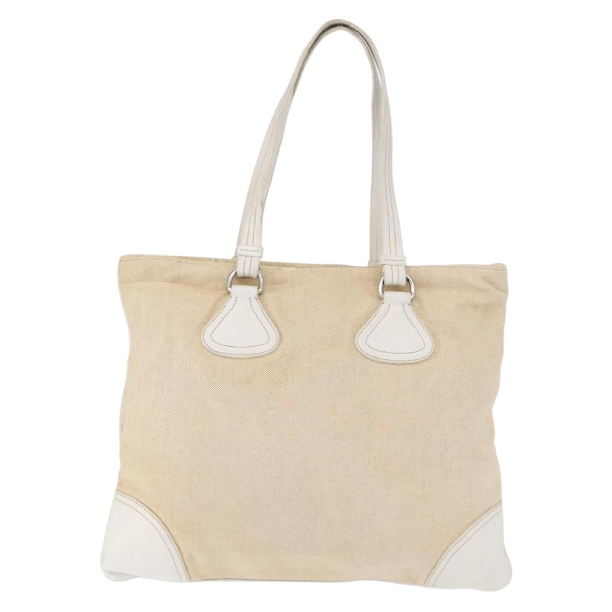 PRADA Tote Bag Canvas Beige Silver Auth 162847