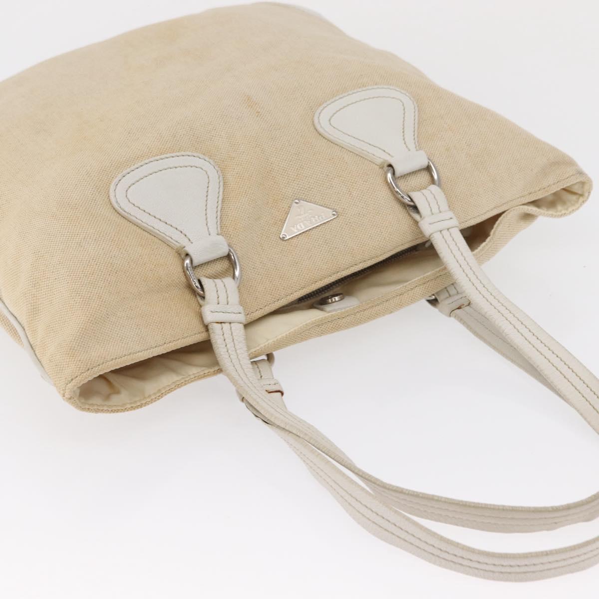 PRADA Tote Bag Canvas Beige Silver Auth 162847