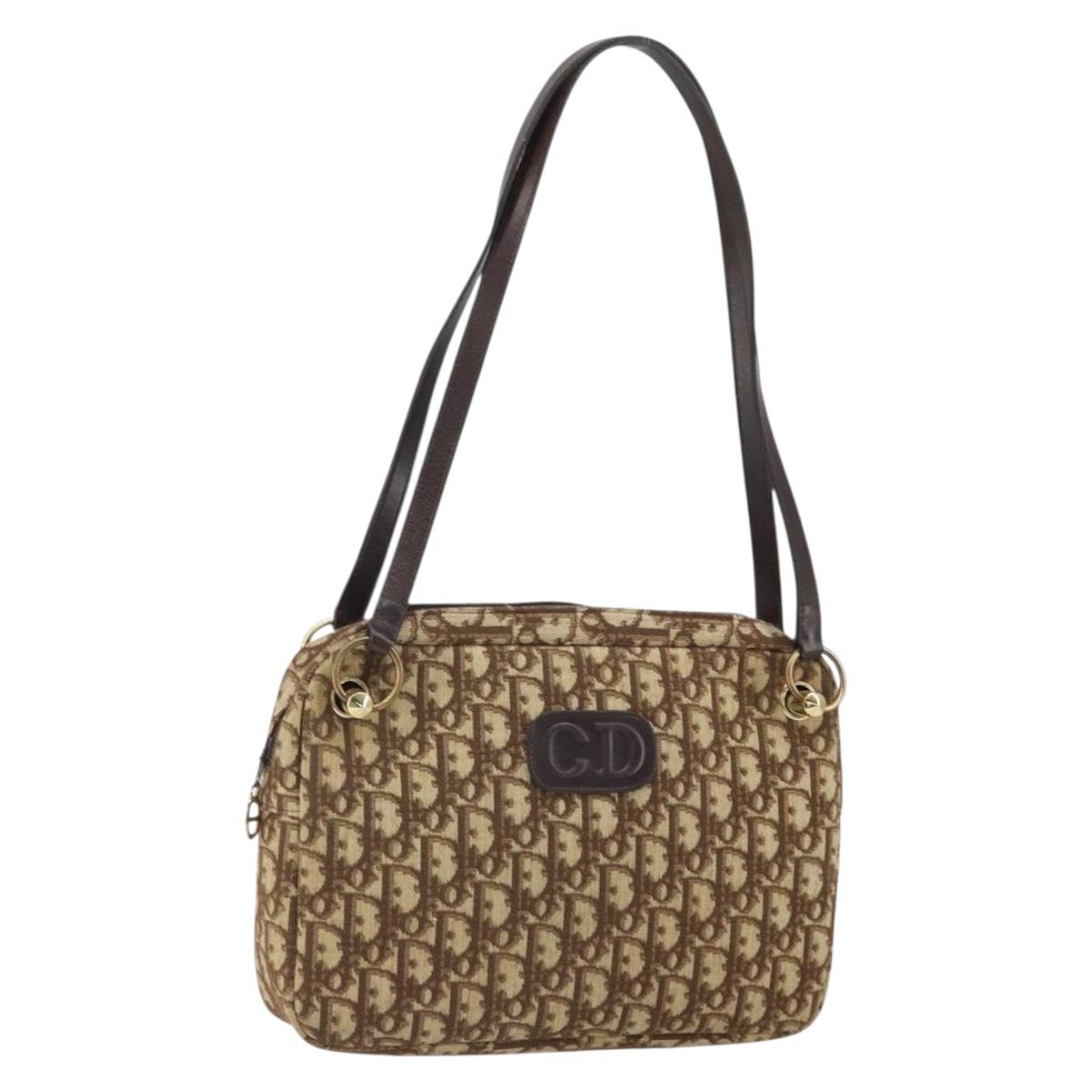 Christian Dior Trotter Canvas Romantic Shoulder Bag Brown Gold Auth 162848
