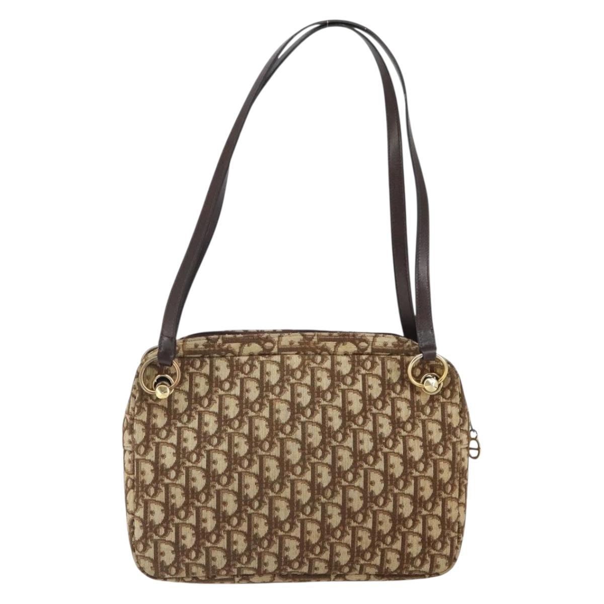 Christian Dior Trotter Canvas Romantic Shoulder Bag Brown Gold Auth 162848