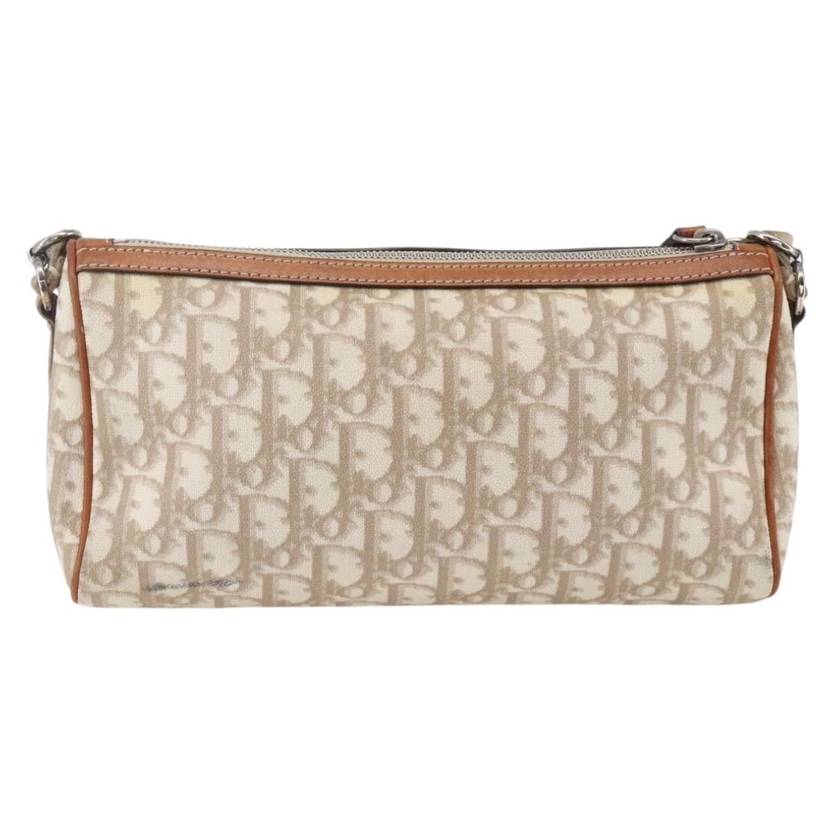 Christian Dior Trotter Canvas Romantic Shoulder Bag PVC Beige Silver Auth 162849