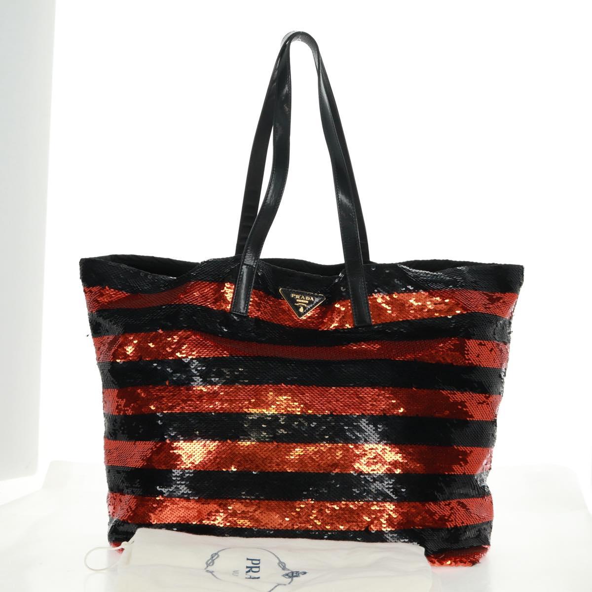 PRADA Sequin Tote Bag Nylon Orange Black Auth 162878V