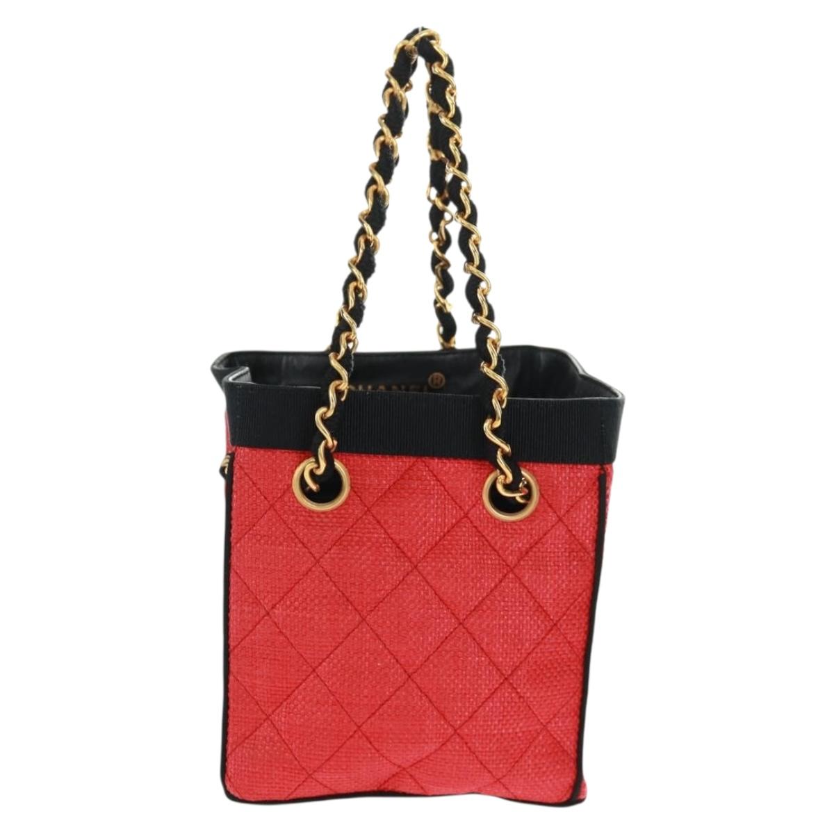 CHANEL Chain Hand Bag Raffia Red Gold CC Auth 162896V