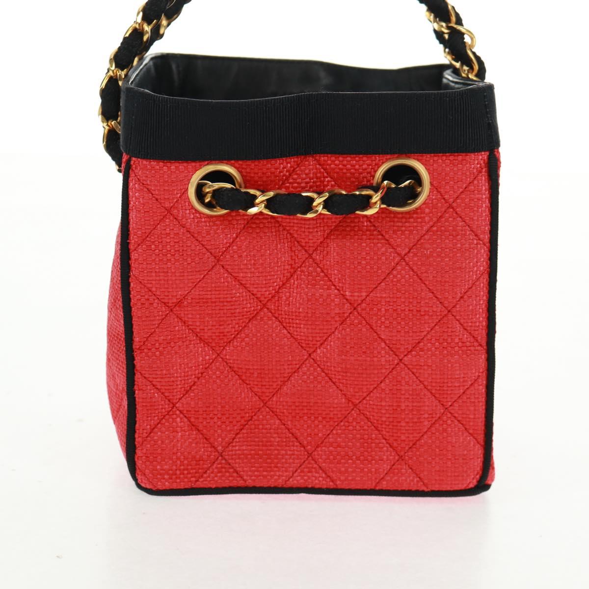 CHANEL Chain Hand Bag Raffia Red Gold CC Auth 162896V