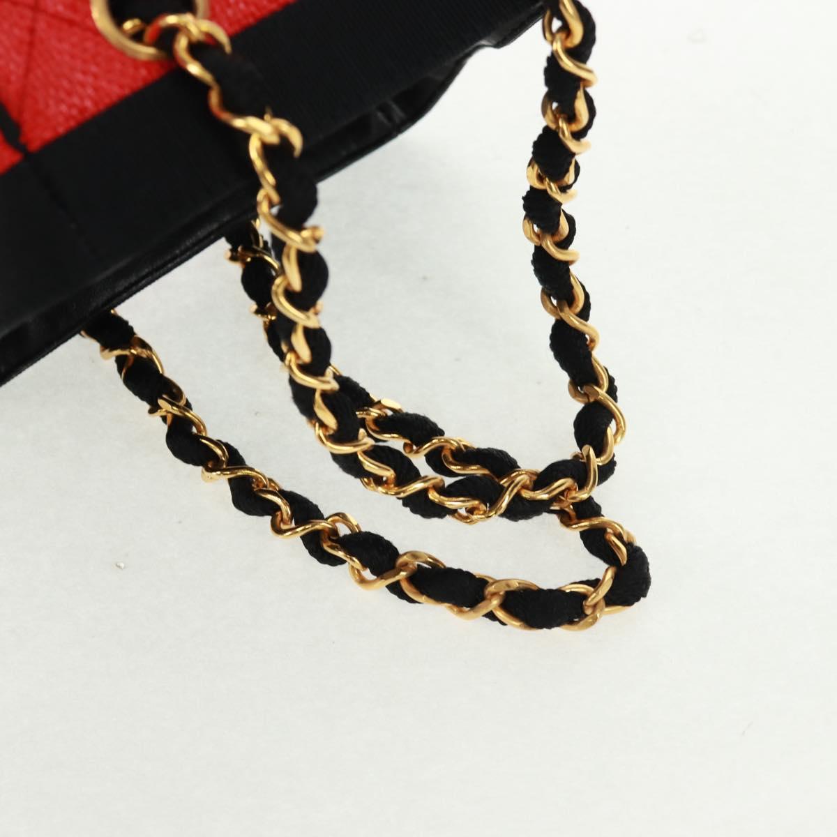CHANEL Chain Hand Bag Raffia Red Gold CC Auth 162896V