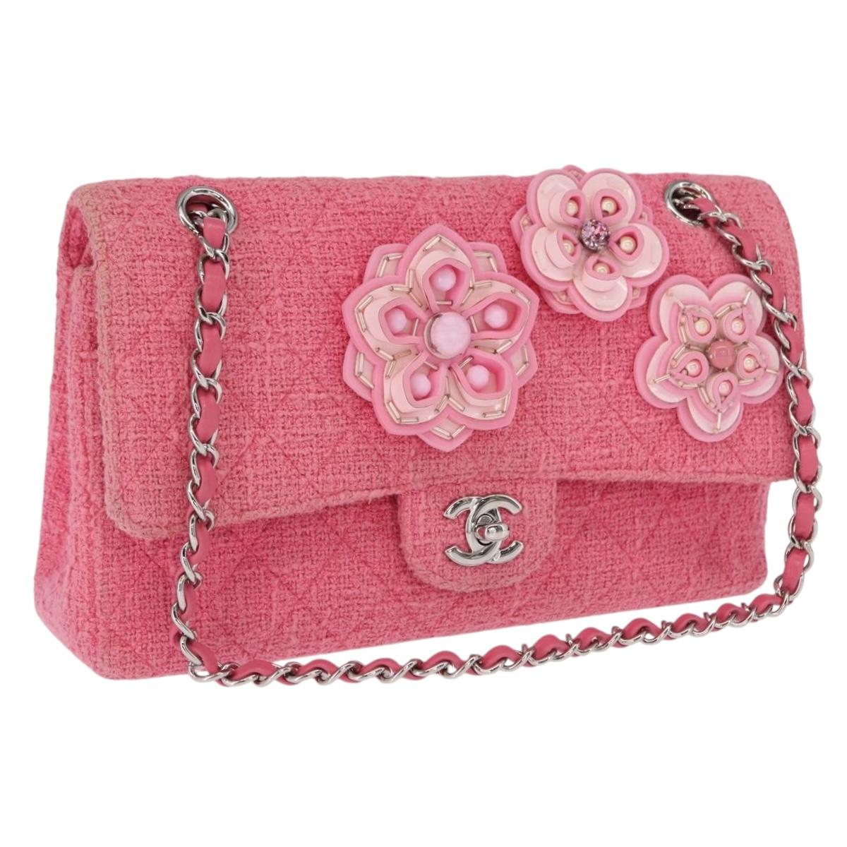 CHANEL Matelasse25 Chain Shoulder Bag Tweed Pink Silver CC Auth 162900SM