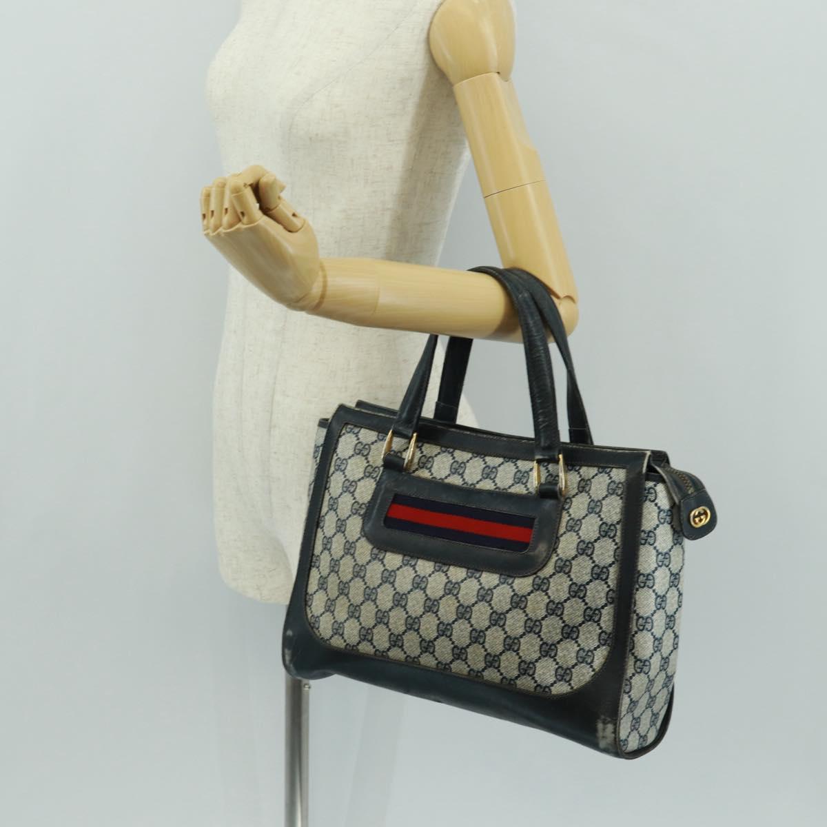 GUCCI GG Supreme Sherry Line Hand Bag PVC Navy Gold Auth 162954