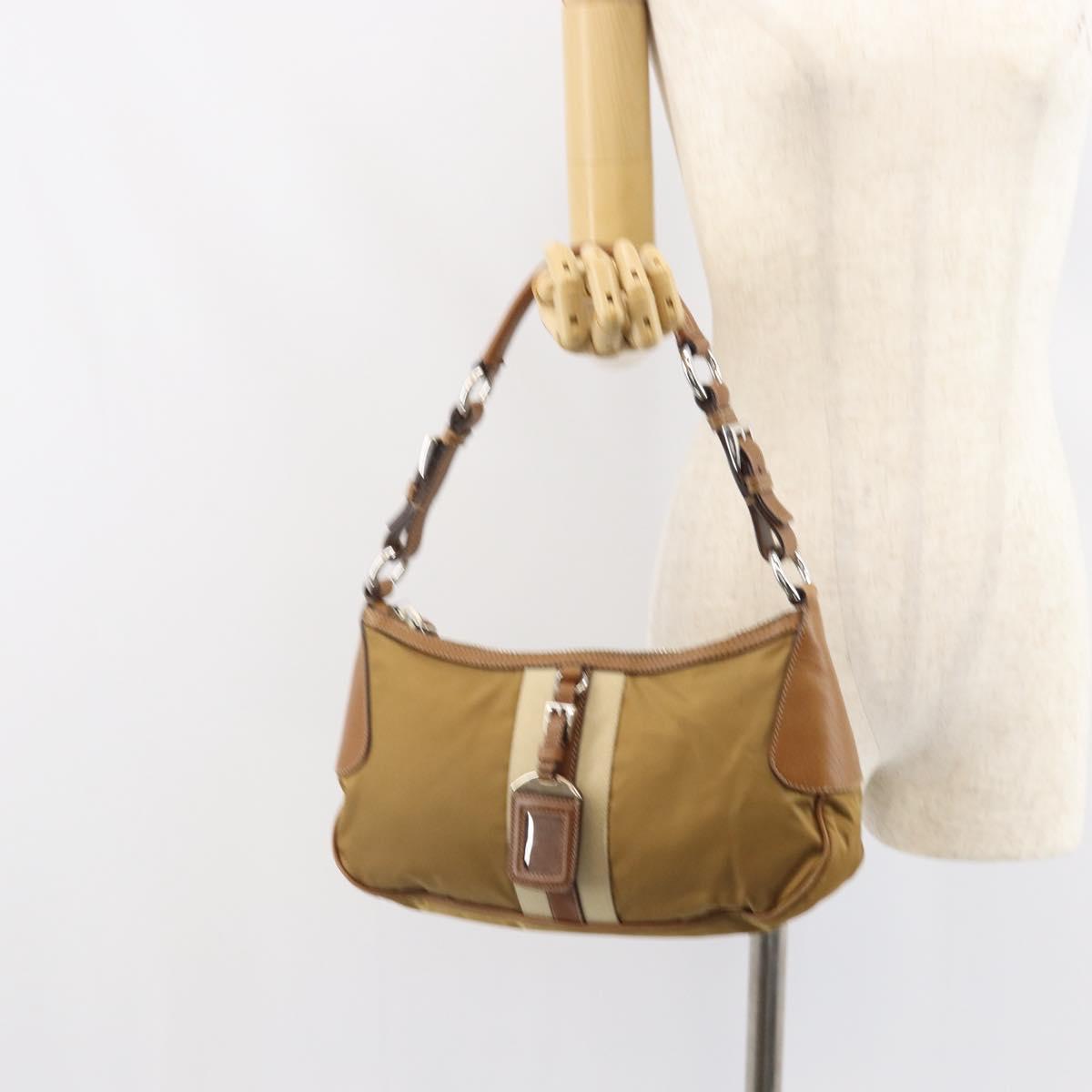 PRADA Shoulder Bag Nylon Beige Silver Auth 162978