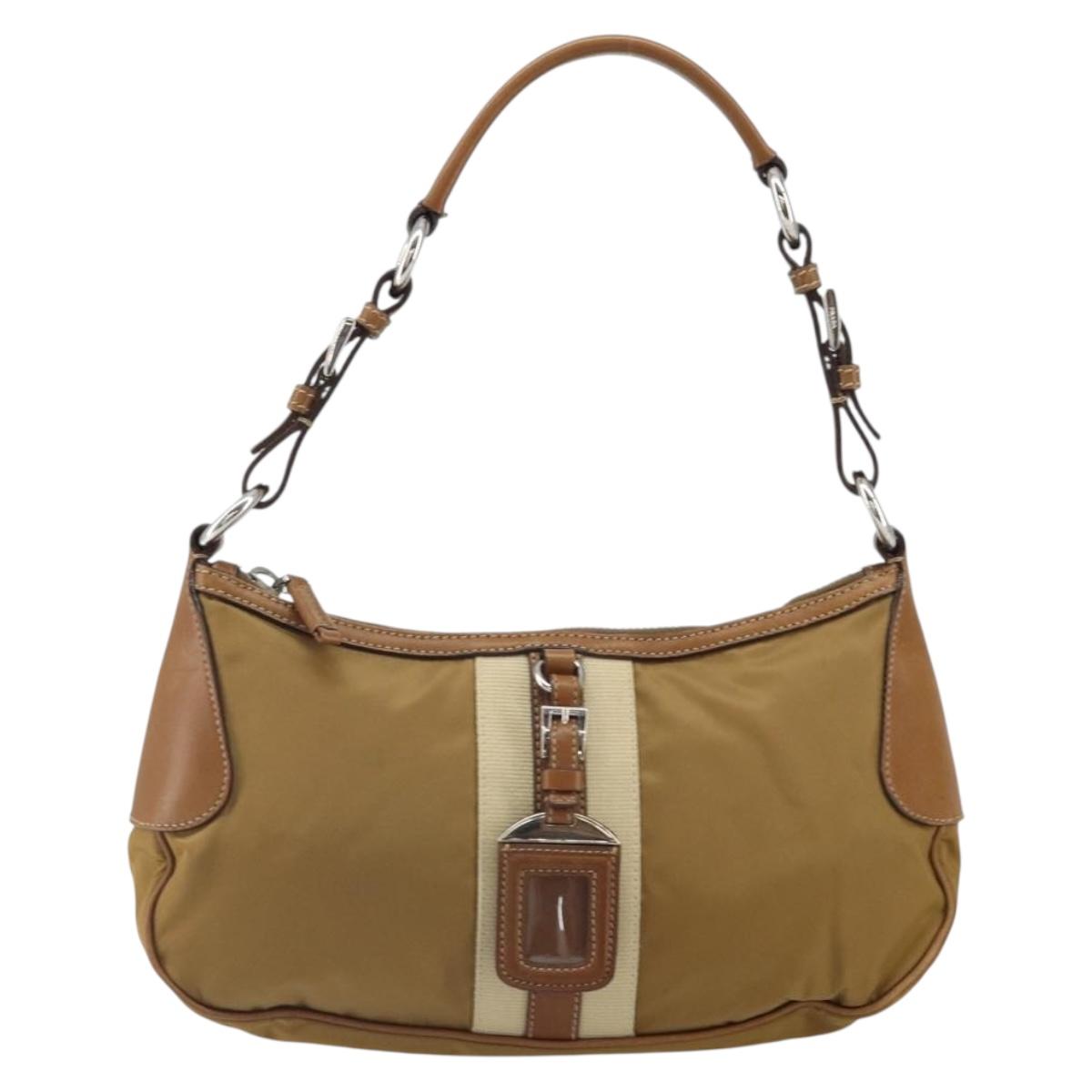 PRADA Shoulder Bag Nylon Beige Silver Auth 162978