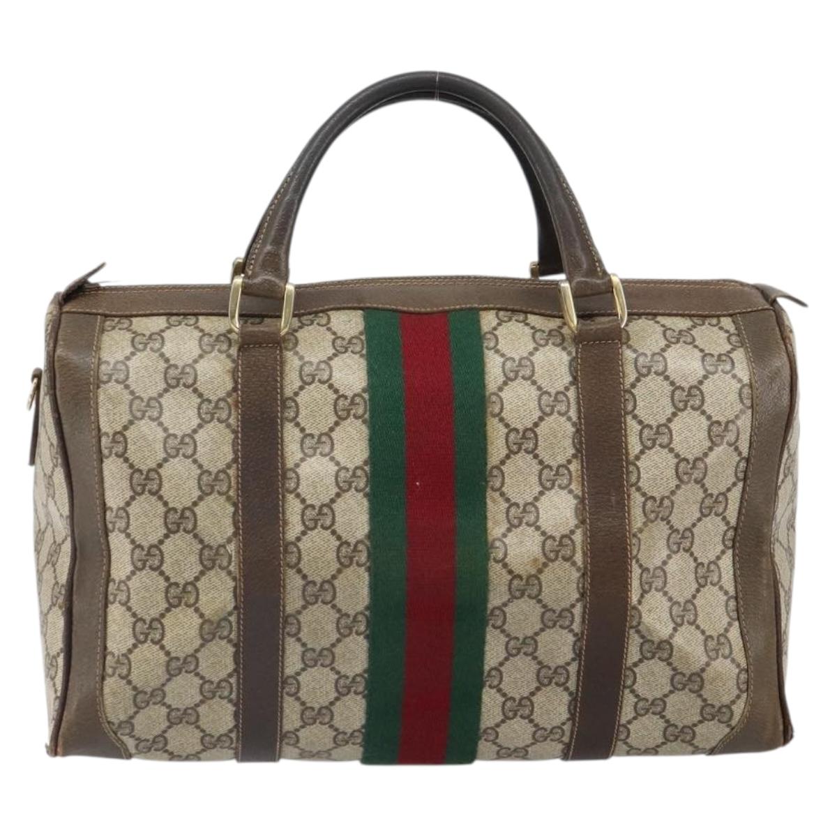 GUCCI GG Supreme Web Sherry Line Boston Bag PVC Beige Gold Auth 162989