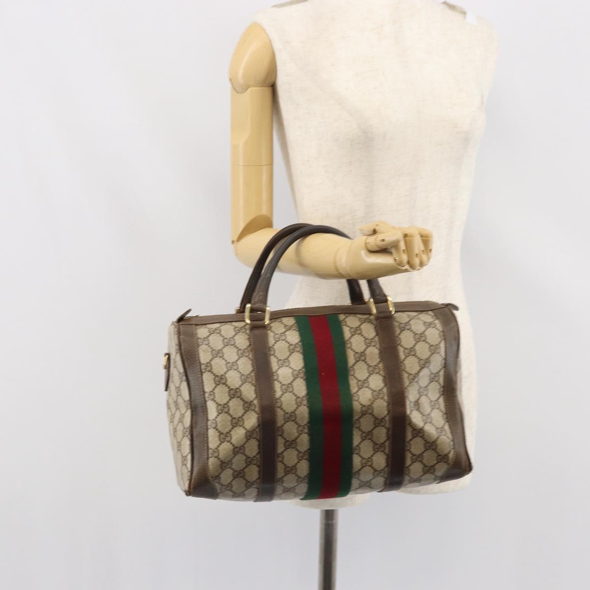 GUCCI GG Supreme Web Sherry Line Boston Bag PVC Beige Gold Auth 162989