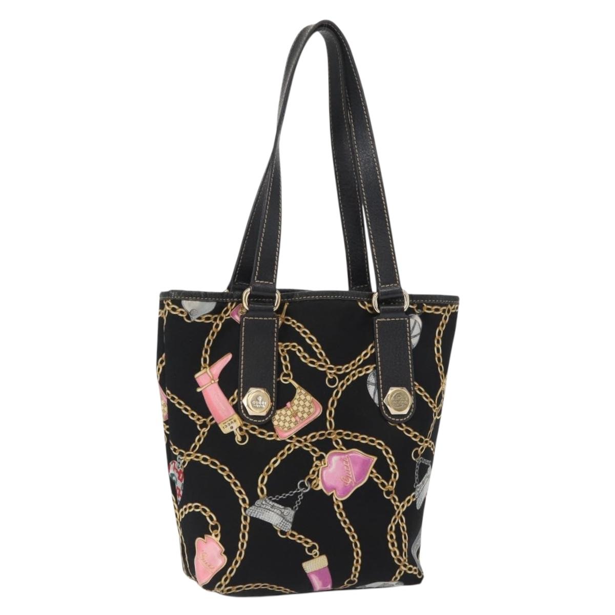 GUCCI Tote Bag Satin Black Gold 153361 Auth 162992