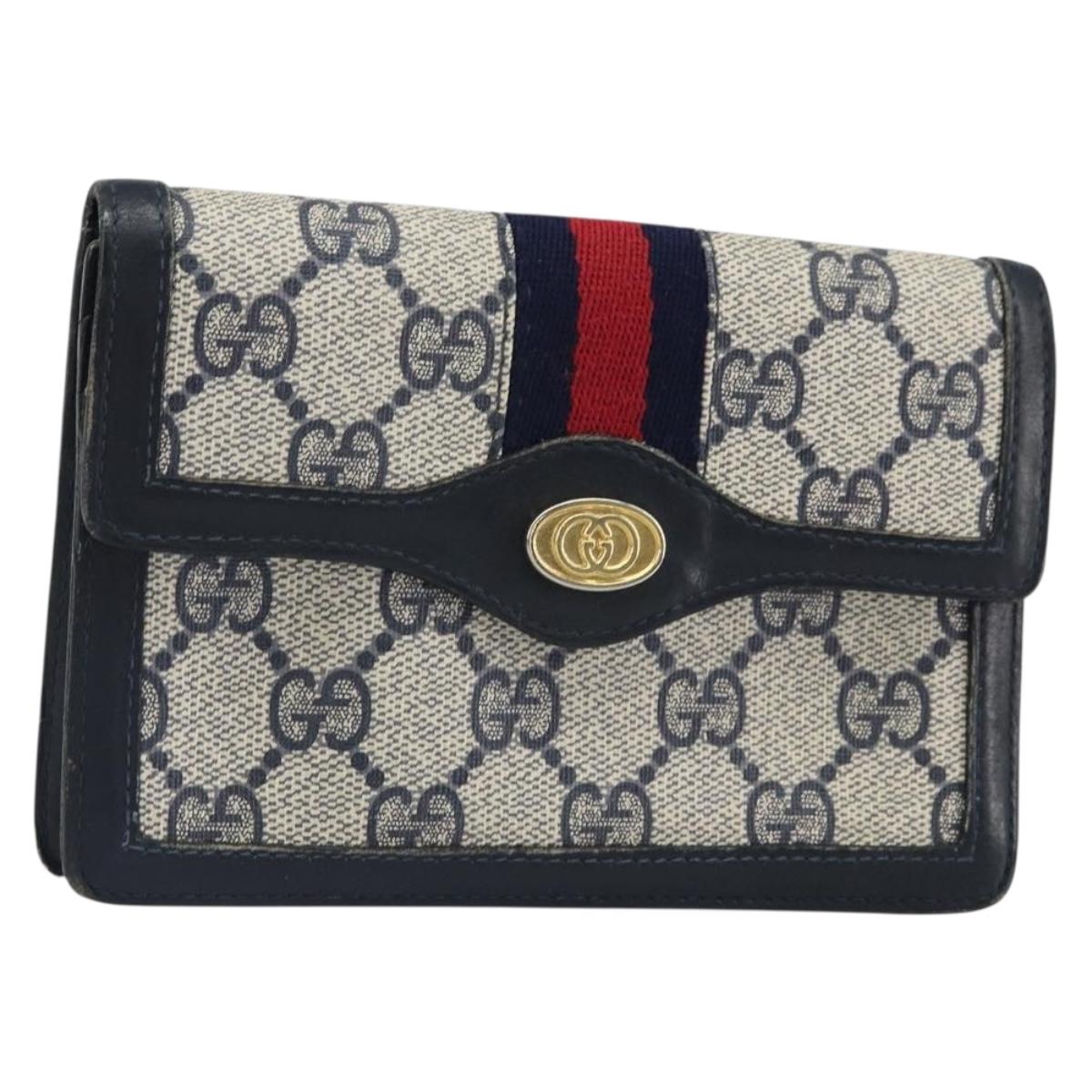 GUCCI GG Supreme Sherry Line Pouch PVC Leather Navy Gold Auth 163015