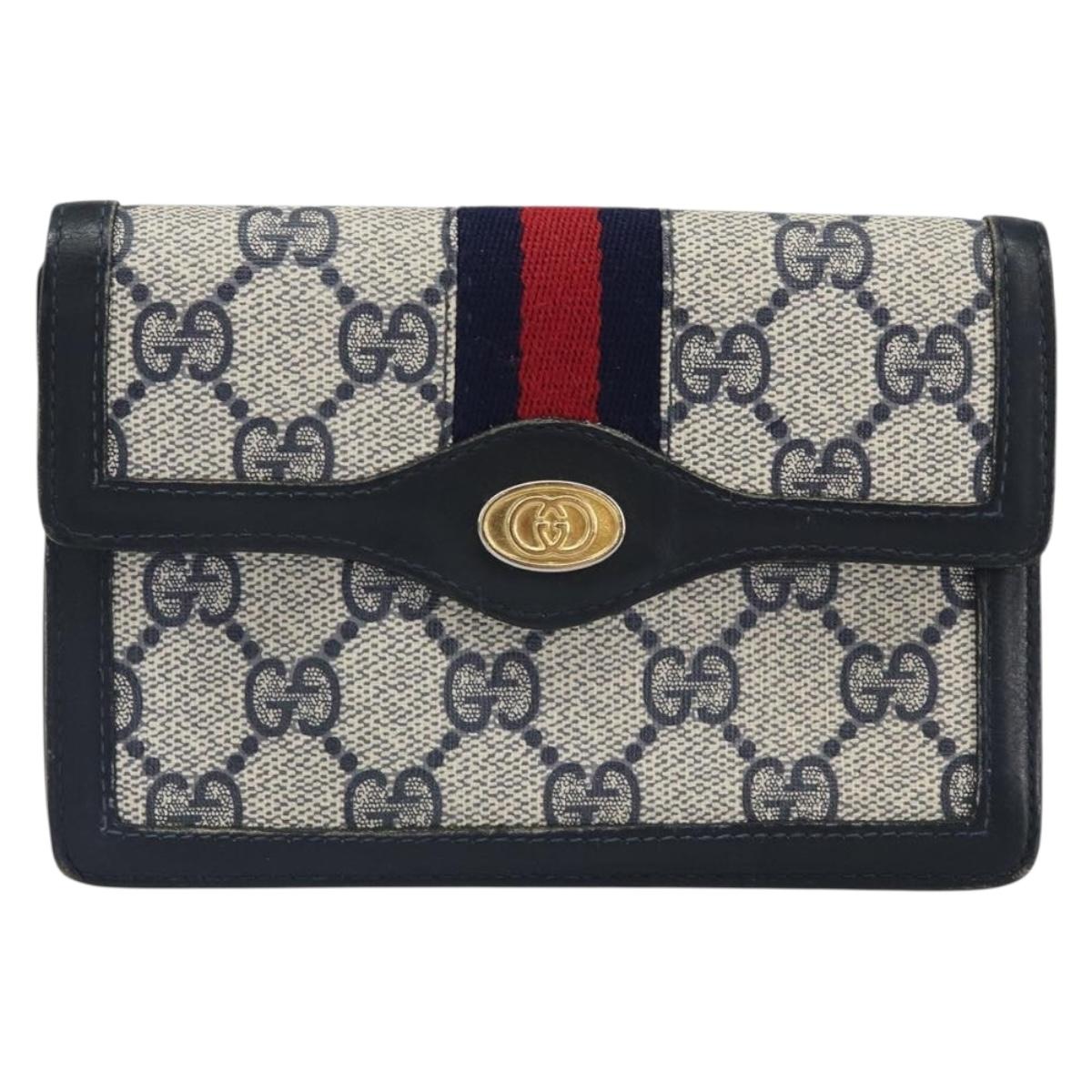 GUCCI GG Supreme Sherry Line Pouch PVC Leather Navy Gold Auth 163015