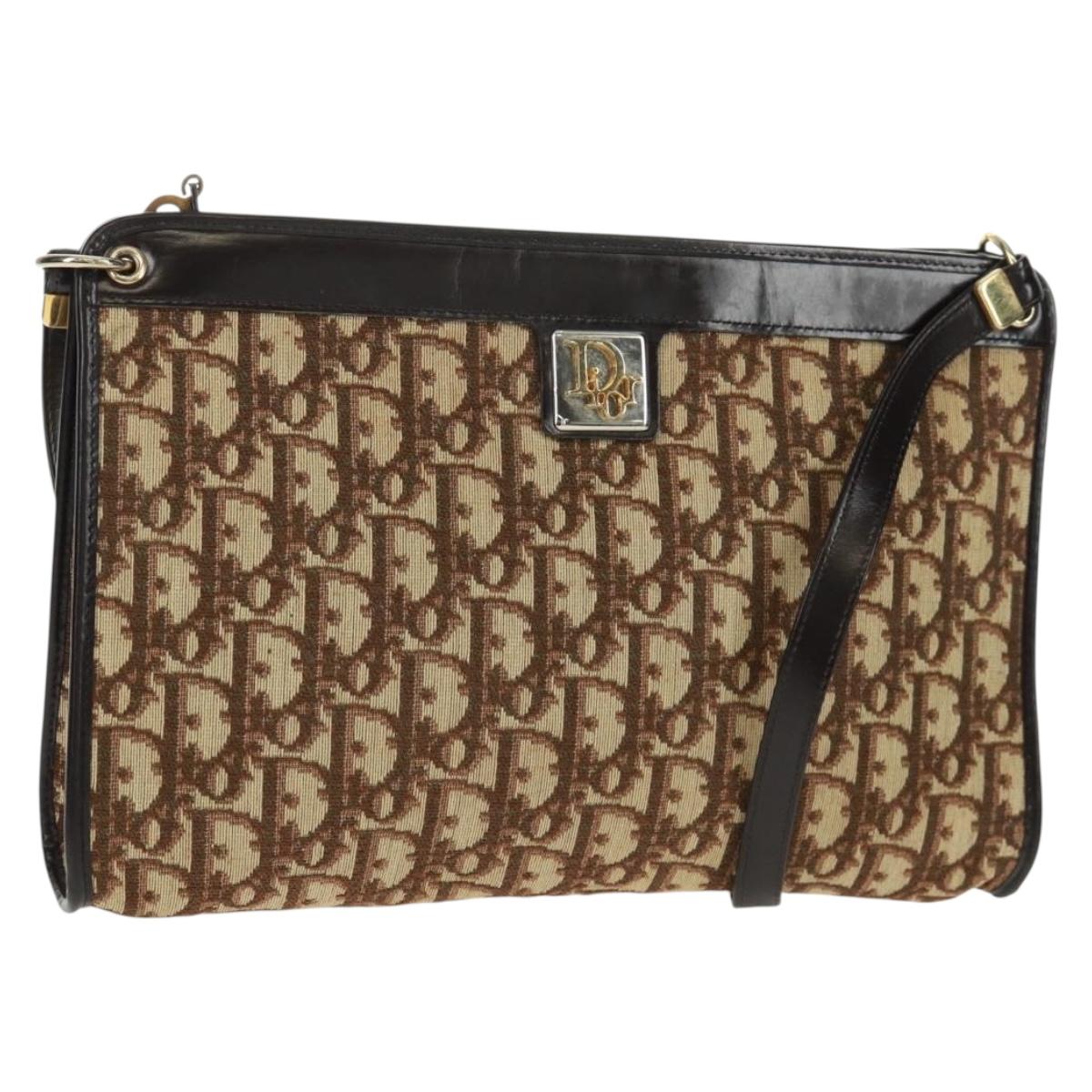 Christian Dior Trotter Canvas Shoulder Bag Beige Gold Auth 163022V