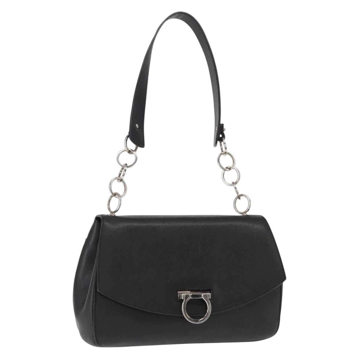 Salvatore Ferragamo Gancini Shoulder Bag Leather Black Silver Auth 163053
