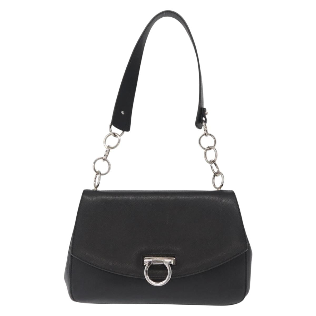 Salvatore Ferragamo Gancini Shoulder Bag Leather Black Silver Auth 163053