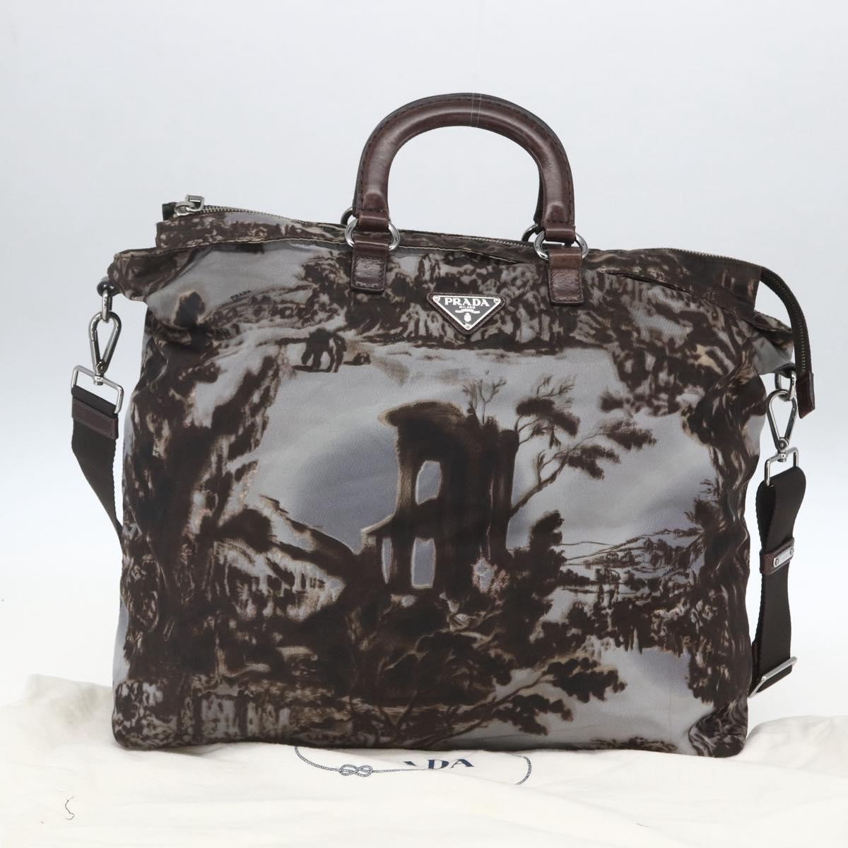 PRADA Hand Bag Nylon 2way Brown Silver Auth 163076