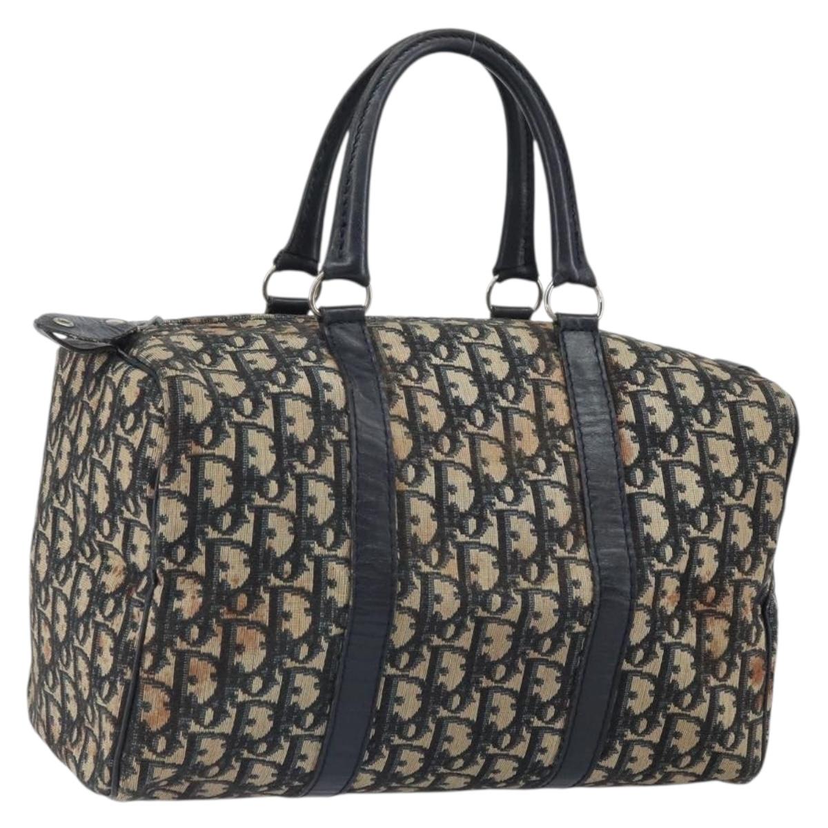 Christian Dior Trotter Canvas Boston Bag Navy Silver Auth 163078