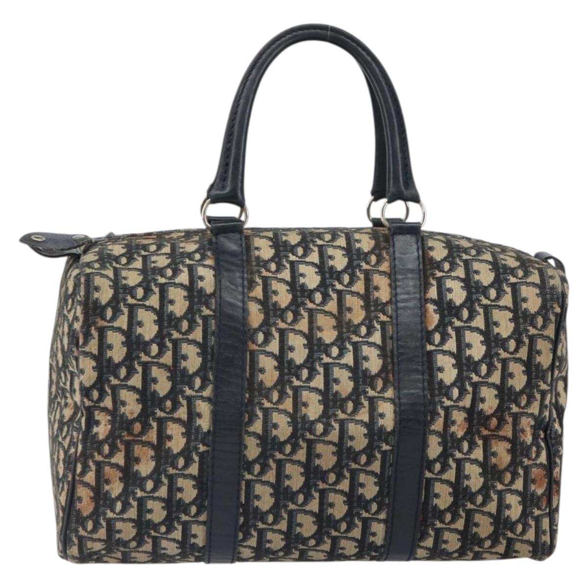Christian Dior Trotter Canvas Boston Bag Navy Silver Auth 163078