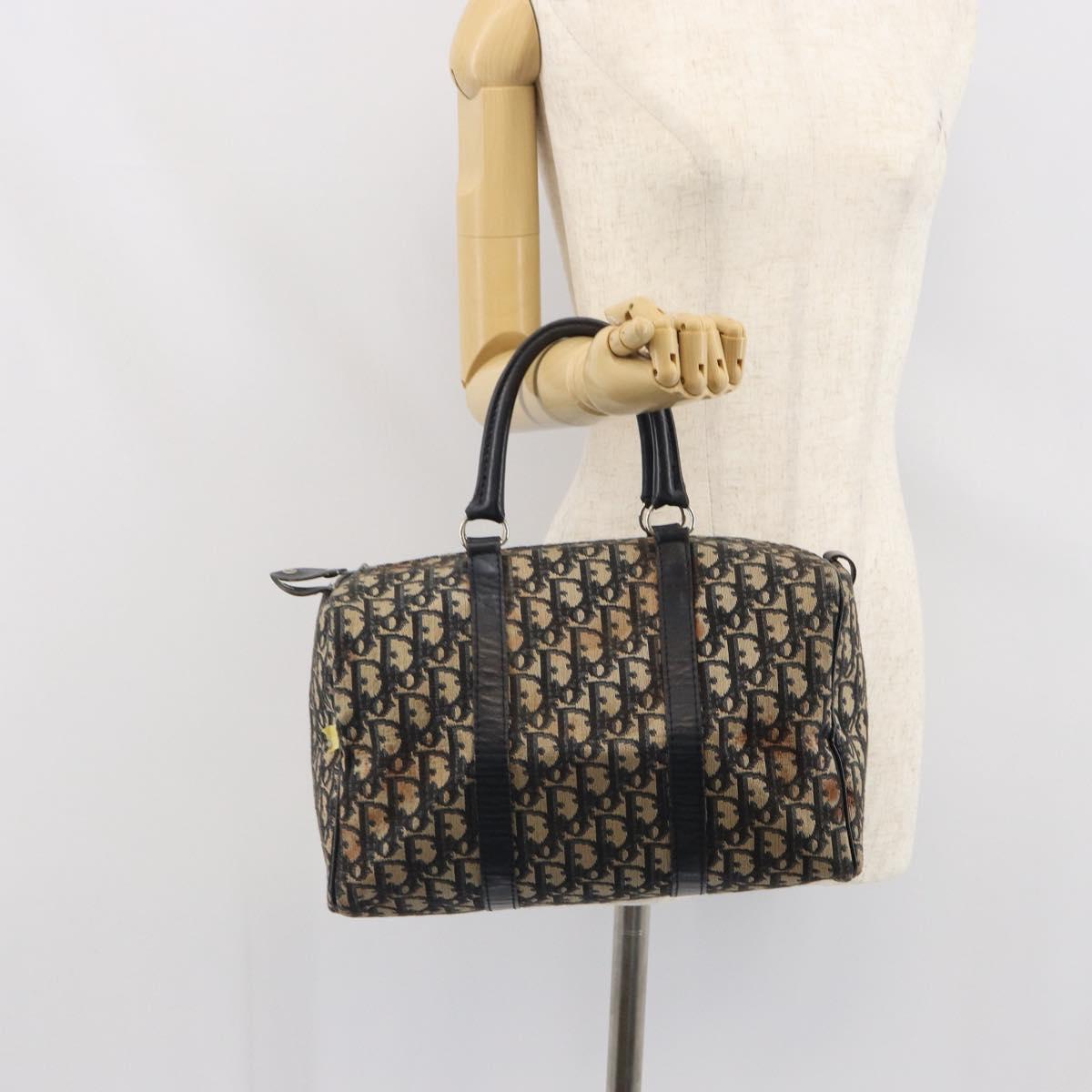 Christian Dior Trotter Canvas Boston Bag Navy Silver Auth 163078