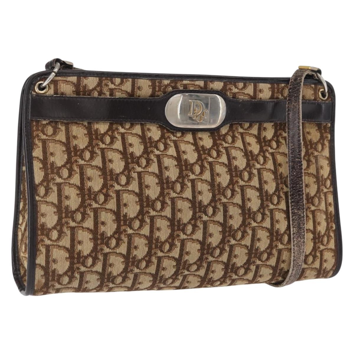Christian Dior Trotter Canvas Shoulder Bag Beige Gold Auth 163084