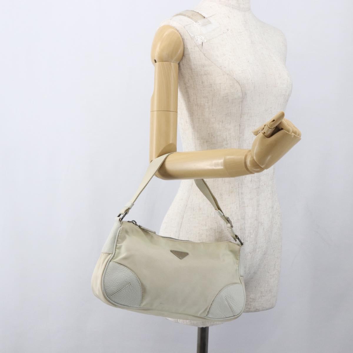 PRADA Shoulder Bag Nylon Leather Ivory Silver Auth 163087